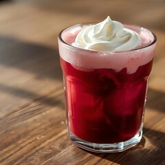 Red Iced Drink with Whipped Cream in Glass Refreshing Beverage Closeup