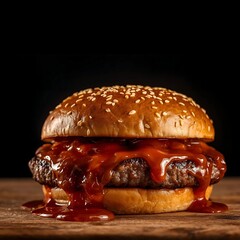 Juicy Cheeseburger with Barbecue Sauce on Sesame Bun Isolated on Wooden Table with Black Background