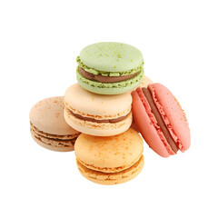 Colorful French Macarons with Cream Filling Stacked on White Background Dessert Pastry