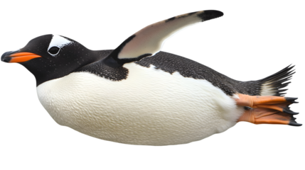 Gentoo penguin swimming underwater isolated on transparent background, using its wings to propel itself forward