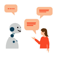 Modern robot and a woman communicating with speech bubble. Artificial intelligence or chatbot interaction concept. Vector illustration.