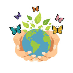 Woman hand holding planet Earth with green leaves and colorful butterflies. Environmental protection and world saving concept. Vector illustration