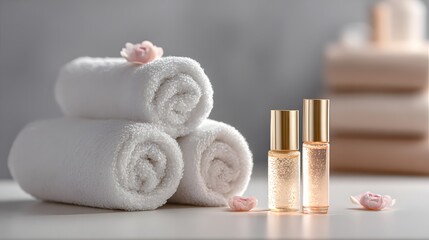 Luxurious spa setting with rolled white towels and elegant perfume ...