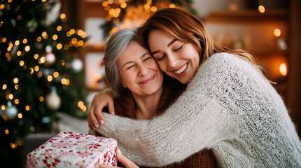 Mother and daughter embrace during Christmas celebration at home. Two generations of women share loving hug while holding wrapped gift near decorated tree with warm lights creating cozy atmosphere.