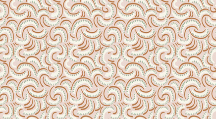 Seamless abstract vector pattern with curved arches, swirls, and dotted details in earthy brown, soft beige, and green. Designs for fabric, wallpaper, and modern decor