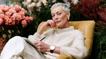 Elegant mature woman relaxing in stylish chair using smartphone. Beautiful senior lady in cozy sweater enjoying leisure time at home with flowers. Modern lifestyle, technology, confidence concept.