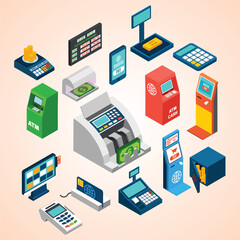 Isometric Detailed Financial Technology Banking Element Set with ATM and Currency Exchange