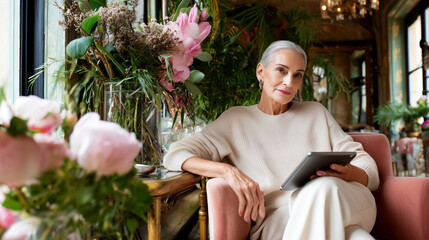 Elegant mature woman using tablet in stylish cafe with beautiful flower arrangement. Sophisticated senior lady enjoying digital technology in modern restaurant setting. Lifestyle confidence concept.