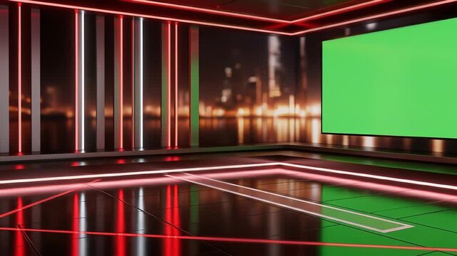 A red virtual studio background with a green screen as a seamless loop. A futuristic set with a placeholder screen for a customizable broadcast. Ideal for a news or sports channel intro.