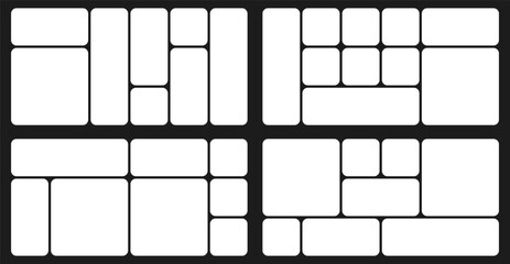 Bento grid abstract layouts with geometric tiles and rounded corners. Modern modular UI design panels, trendy web interface templates, collage frames and infographics. Vector illustration.