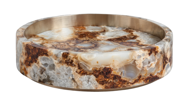 Round, polished stone bowl with metal rim