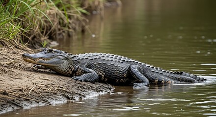 American alligator resting near waters edge.