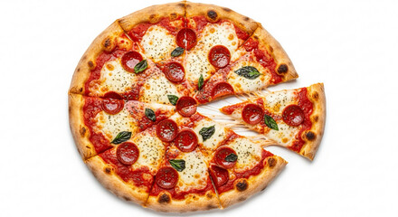 A delicious pepperoni pizza with melted mozzarella cheese and fresh basil, sliced and ready to serve on a white background.
