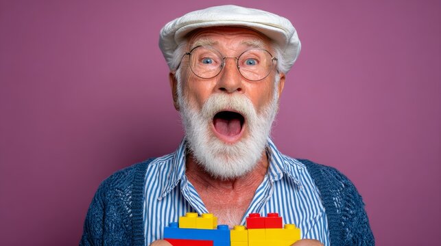 Man with a beard and glasses is holding two blocks of plastic building bricks. He is smiling and has his mouth open