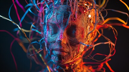 Obraz premium An abstract representation of a human face intertwined with vibrant wires. The colors ignite feelings of connection and technology in a digital landscape. Generative AI.