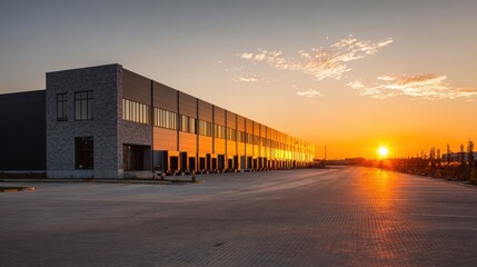Elegant photo of modern industrial warehouse at sunset. Large structure with many windows reflecting golden light. Empty paved parking lot extends in front. Sunrise sunset sky.