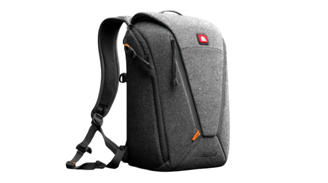 Gray camera backpack with orange accents