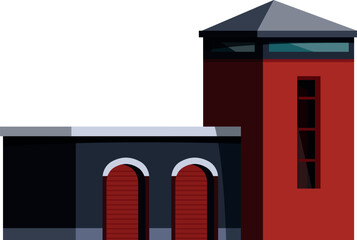 Fire station building ensuring safety with its watchtower and large garage doors, ready for emergency response