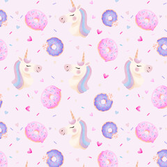 pattern with watercolor hand painted unicorn rainbow sweet and tasty cakes, donuts, cupcakes. Hand painted dessert background perfect for textile or baby nursery design.

