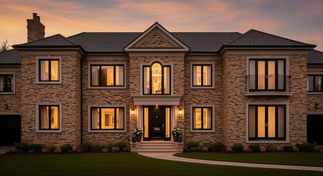 Elegant modern brick house illuminated at twilight, showcasing contemporary residential architecture and a luxurious exterior design