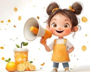 Cheerful cartoon girl with a megaphone announcing a refreshing orange juice drink surrounded by lemons and confetti