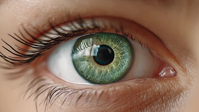 A green eye in extreme close-up. Intricate details of the iris with golden flecks and subtle reflections of light, evoking a sense of mystery and human emotion thanks to the camera's smooth zoom in.