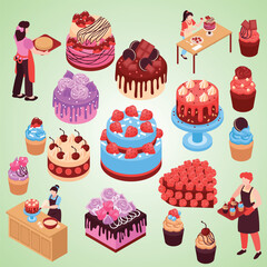 Isometric Delicious Cake and Cupcake Arrangement with People Baking Desserts