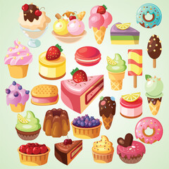 Cartoon Detailed Sweet Dessert Collection Illustration for Bakery and Cafe Menu