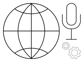Globe with longitude and latitude lines, microphone representing communication, gears for settings and operation. Ideal for podcasts, global outreach, technology, networking, audio engineering