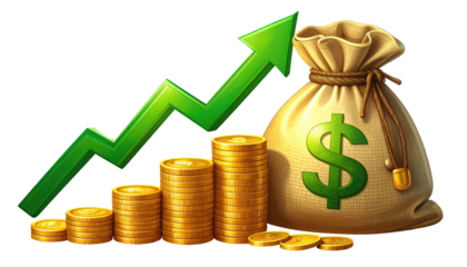 Money bag, coins, and upward trend