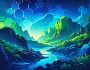 Futuristic mountain landscape with polygonal overlay and river reflections