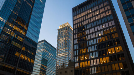 Obraz premium Modern city skyscrapers illuminated at dusk with glowing windows, urban business district.