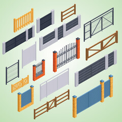 Fototapeta premium Isometric Assorted Ornamental Fences and Gates Collection Architecture Element