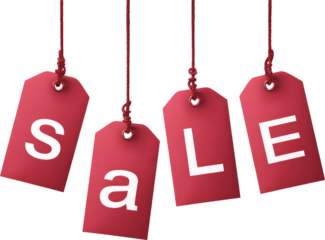 Red sale tags hang offering discount deals for shoppers looking for great price savings.