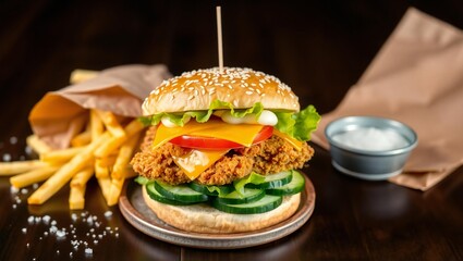Delicious crispy fried chicken burger with french fries and dipping sauce