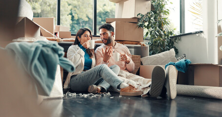 Coffee, conversation and planning with couple in new home for property or real estate investment....