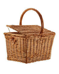 A square wicker picnic basket with a lid