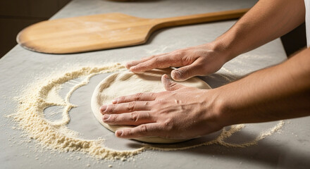 Hands kneading pizza dough with flour on marble counter and wooden rolling pin nearby.