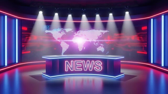 A neon virtual news studio background as a seamless loop. A futuristic broadcast set with an anchor desk, spotlights, and a world map. Ideal for a news intro or a tech channel opener.