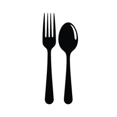Minimalist black vector illustration of a fork and spoon utensils for dining and cooking silhouette