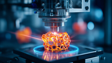 Orthopedic Bioengineering Laboratory With 3D Bioprinter Creating Bone And Cartilage Scaffolds From Patient Stem Cells. Medical Researchers Analyzing Tissue Growth Patterns While De