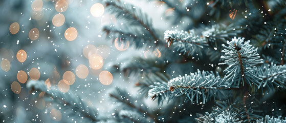 Karte für Weihnachten, weihnachtlicher Hintergrund mit Schneeflocken, winterlicher Hintergrund mit Tannenzweig und Schnee, Platz für Copytext	