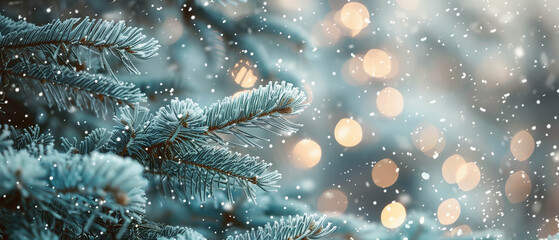 Karte für Weihnachten, weihnachtlicher Hintergrund mit Schneeflocken, winterlicher Hintergrund mit Tannenzweig und Schnee, Platz für Copytext	