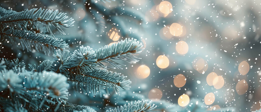 Karte f&uuml;r Weihnachten, weihnachtlicher Hintergrund mit Schneeflocken, winterlicher Hintergrund mit Tannenzweig und Schnee, Platz f&uuml;r Copytext	