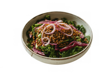 Deliciously healthy lentil salad with fresh greens and pickled red onions isolated on transparent background