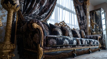 Luxurious black and gold ornate sofa with decorative pillows, elegant curtains in the background, stylish interior design