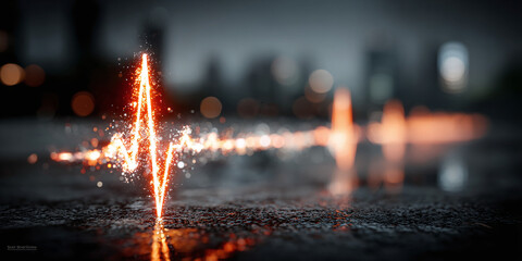 The electric pulse of life, an abstract digital heartbeat glowing on a wet street in a dark city landscape with bokeh lights