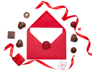 Minimal Red Envelope with Heart Seal and Valentine Props Isolated on White