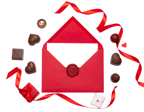 Minimal Red Envelope with Heart Seal and Valentine Props Isolated on White