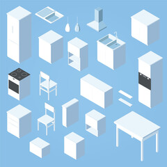 Isometric White Kitchen Furniture Arrangement on Light Blue Plain Background